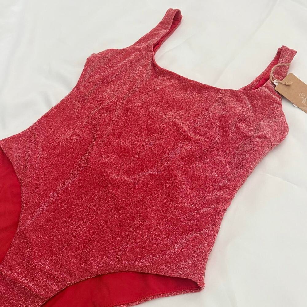 NWT Berlook red glitter metallic shimmer one piece swimsuit glamour deep scoop